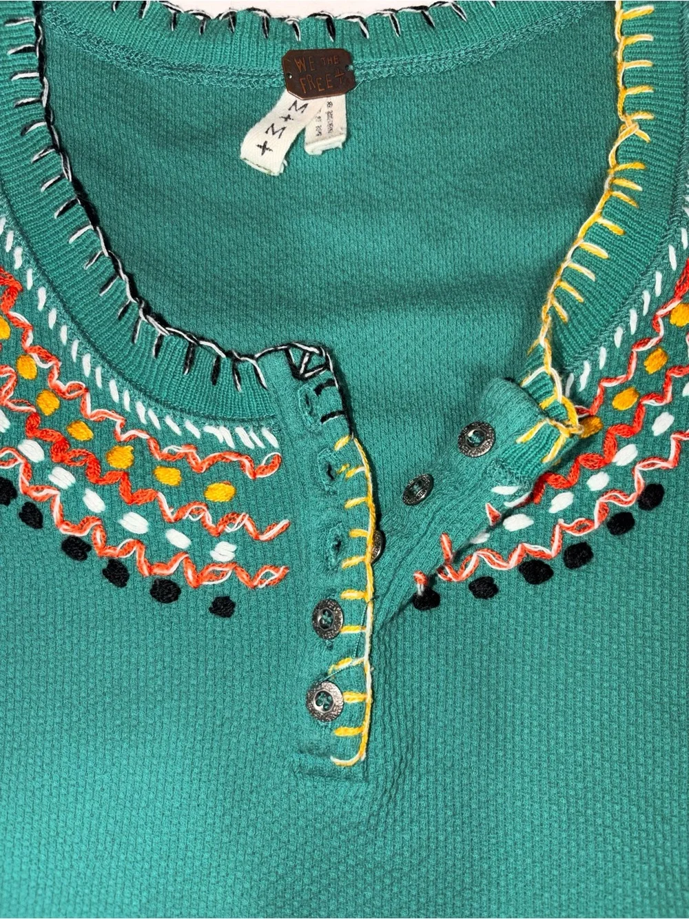 Free People Henley Waffle Thermal embroidery long sleeve top Emerald Green